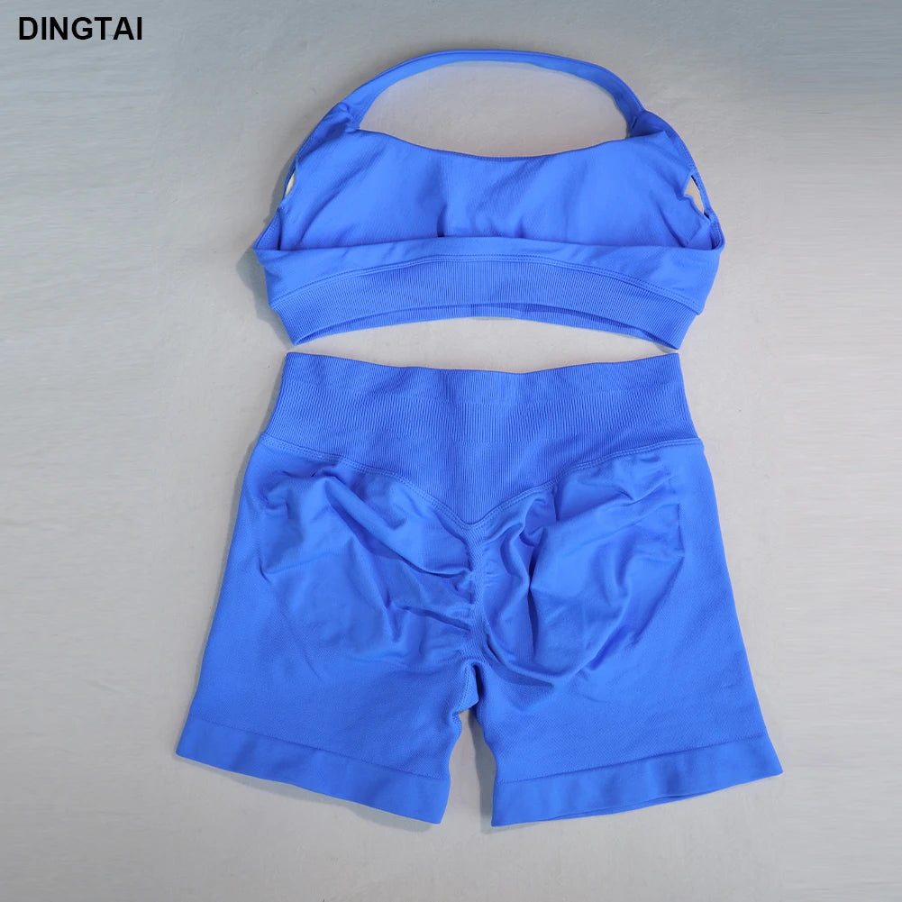 Women High Elastic 2 Piece Slim Fit Seamless Rib Workout Gym Clothes Fitness Active Wear Sets Gym Bra Sports Shorts Gym Wear Set