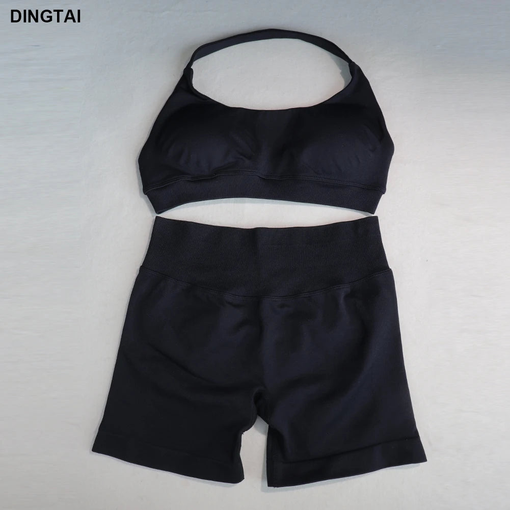 Women High Elastic 2 Piece Slim Fit Seamless Rib Workout Gym Clothes Fitness Active Wear Sets Gym Bra Sports Shorts Gym Wear Set