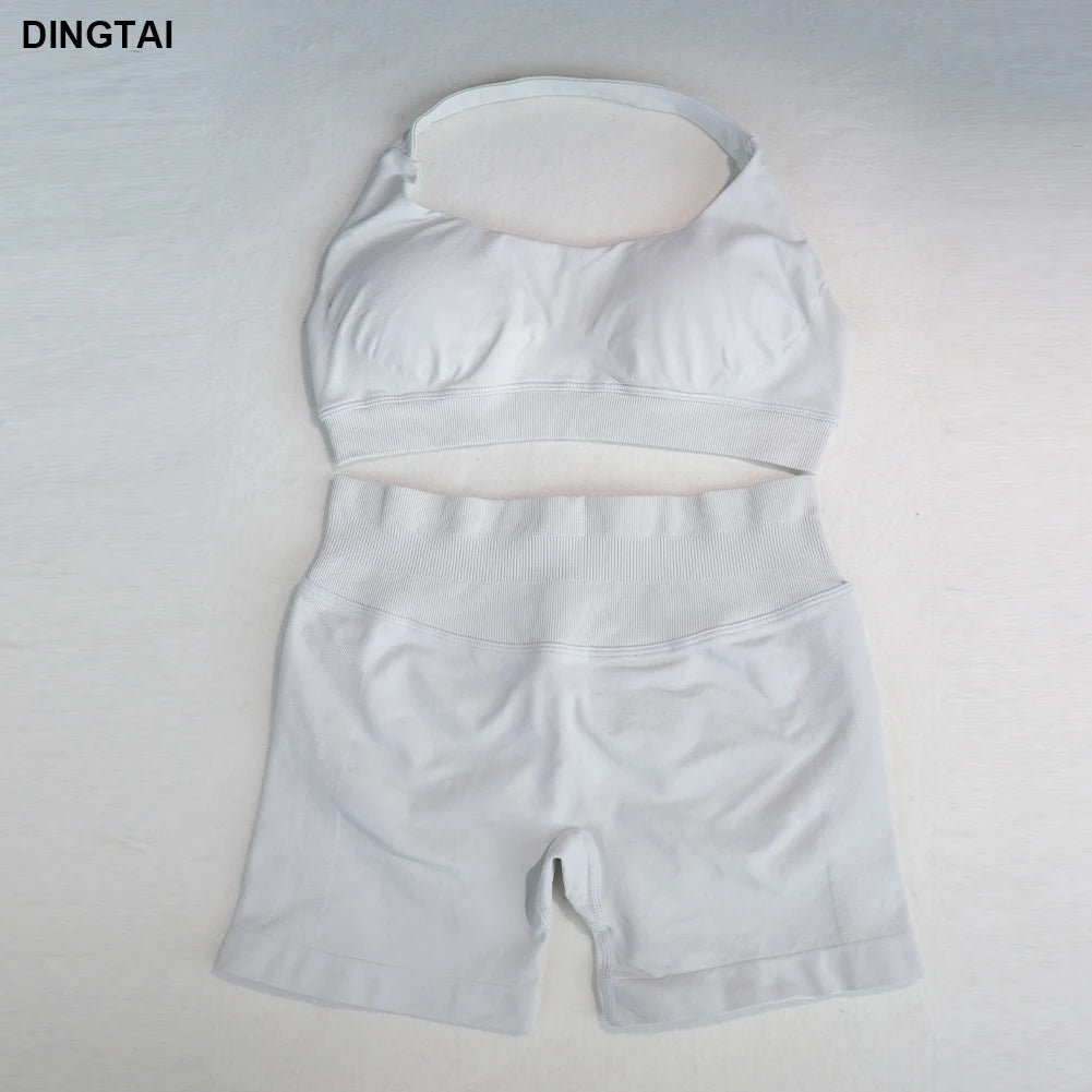 Women High Elastic 2 Piece Slim Fit Seamless Rib Workout Gym Clothes Fitness Active Wear Sets Gym Bra Sports Shorts Gym Wear Set