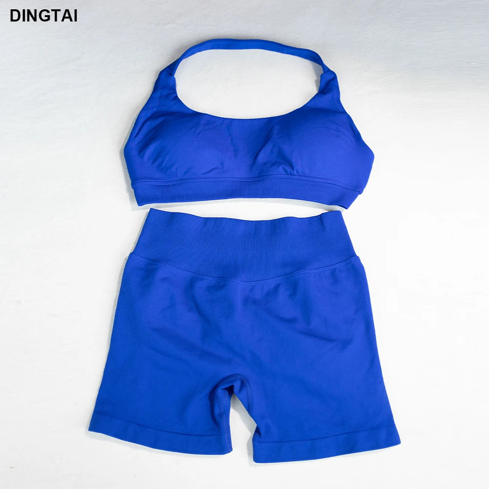 Women High Elastic 2 Piece Slim Fit Seamless Rib Workout Gym Clothes Fitness Active Wear Sets Gym Bra Sports Shorts Gym Wear Set