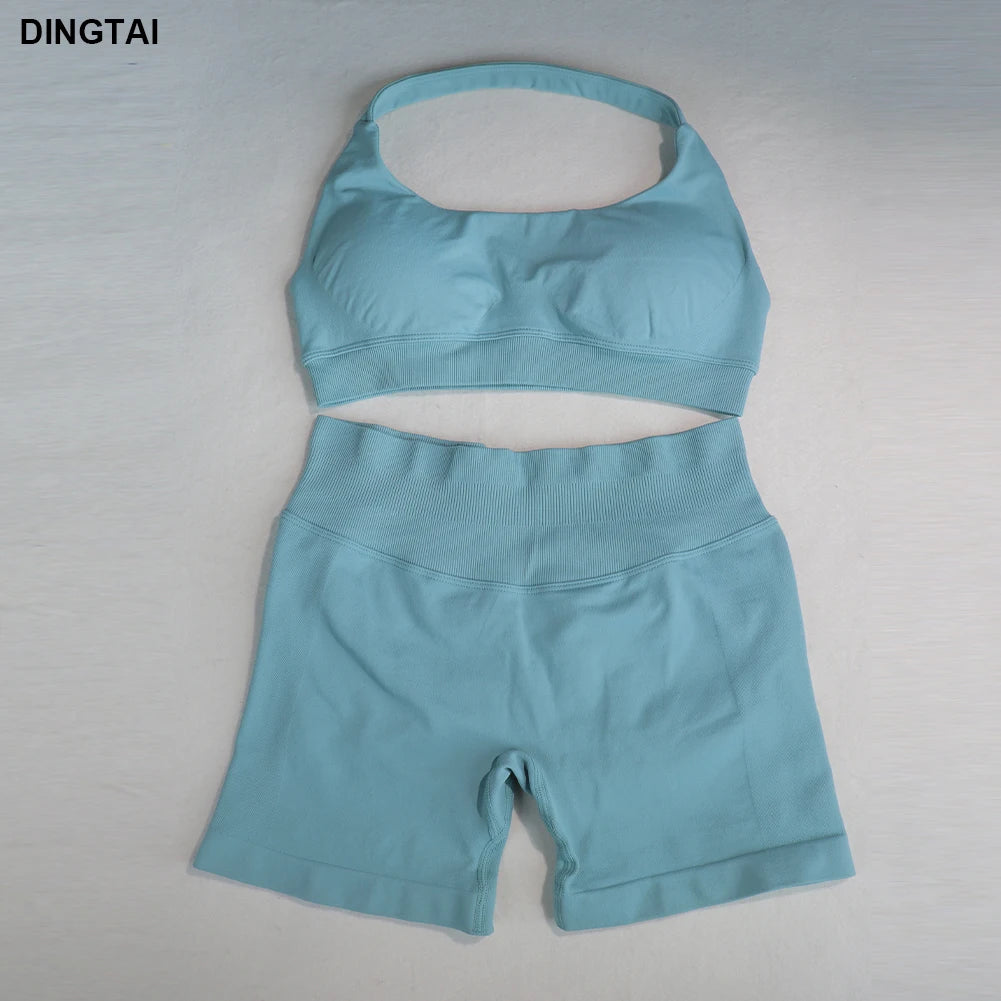 Women High Elastic 2 Piece Slim Fit Seamless Rib Workout Gym Clothes Fitness Active Wear Sets Gym Bra Sports Shorts Gym Wear Set